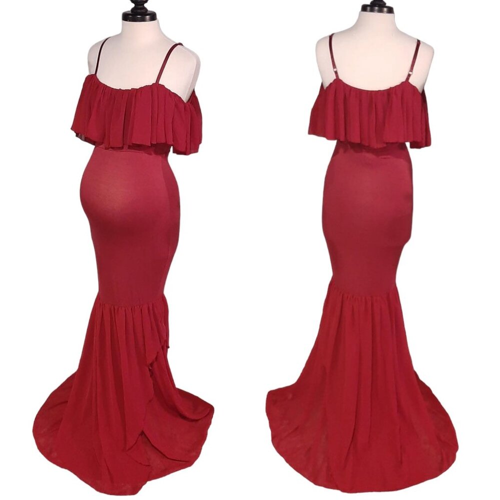 Boutique | Red Ruffle off Shoulder Maternity Mermaid Dress | Size Large